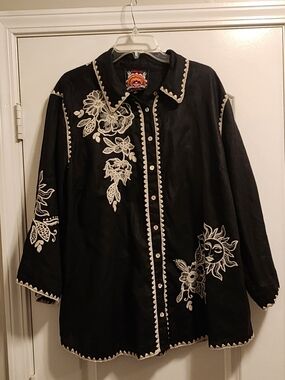 Johnny Was Addison Kimono Shirt Linen White Floral Embroidery Black Top Sz 1X